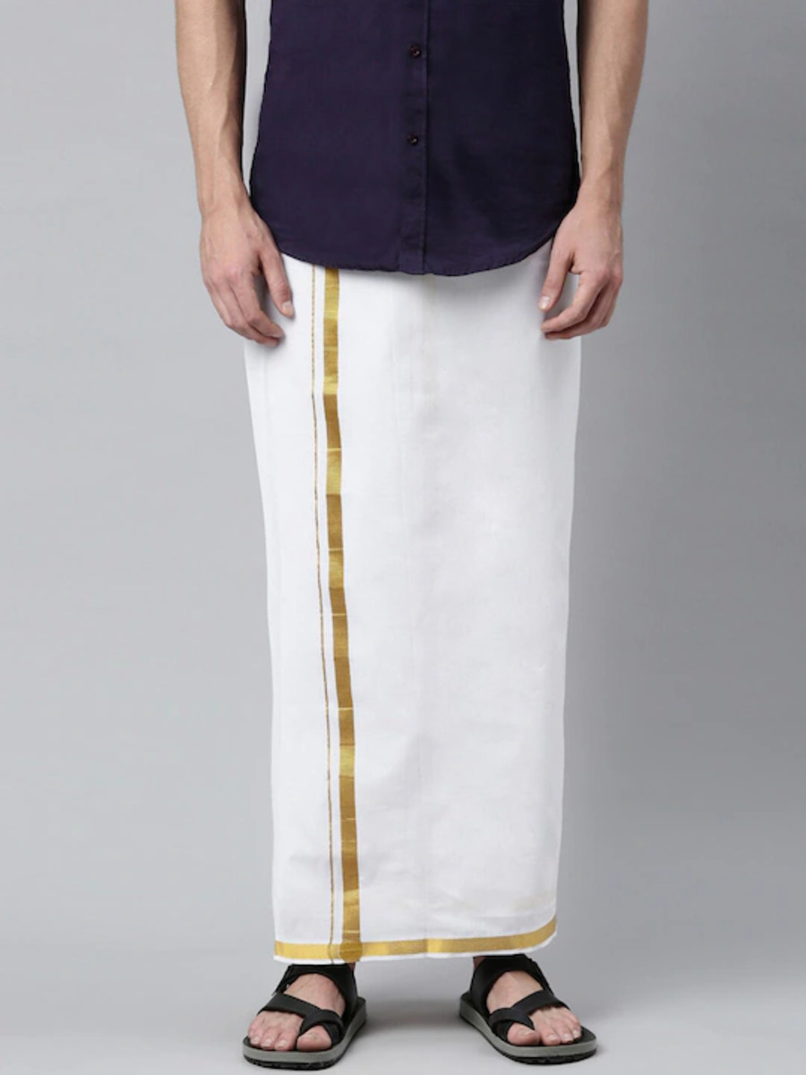 Men White & Gold-Coloured Solid Cotton Dhoti