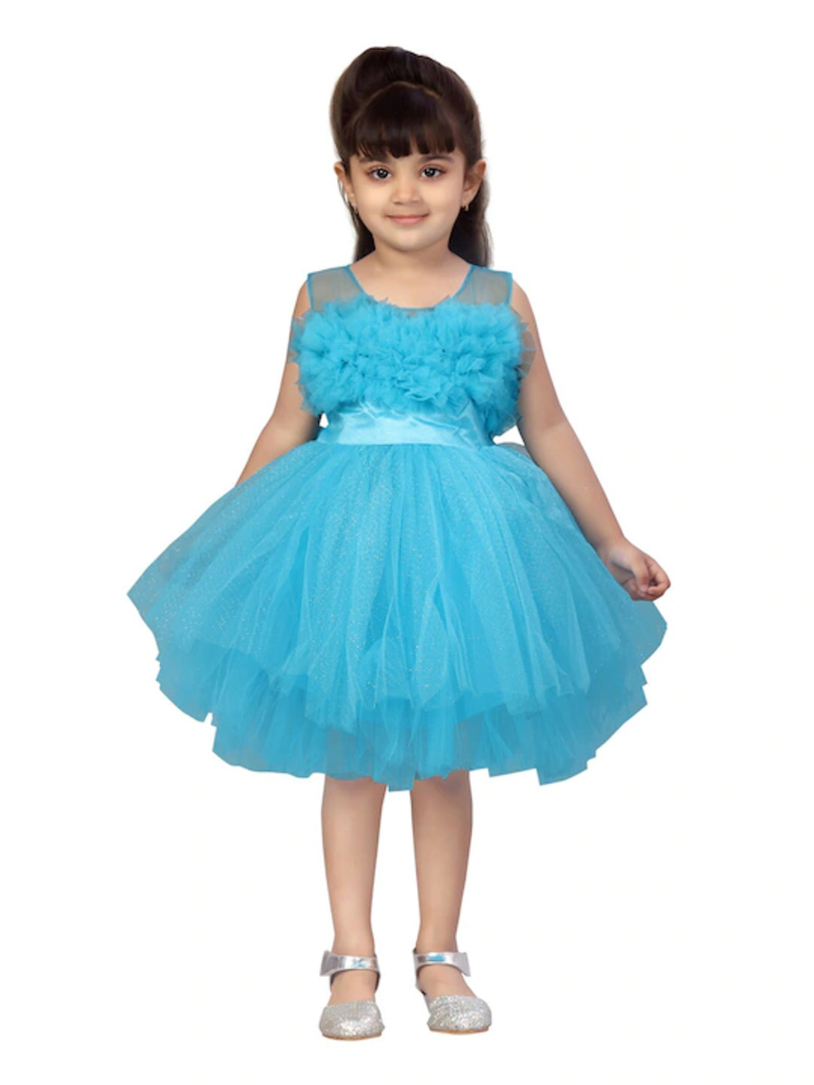 Turquoise Blue Solid Round Neck Net Dress