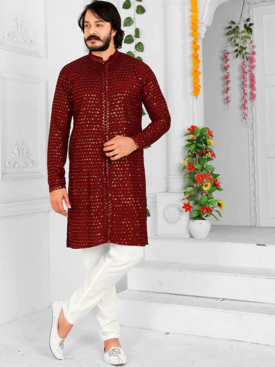 Men Maroon & White Embroidered Sequinned Kurta with Pyjamas