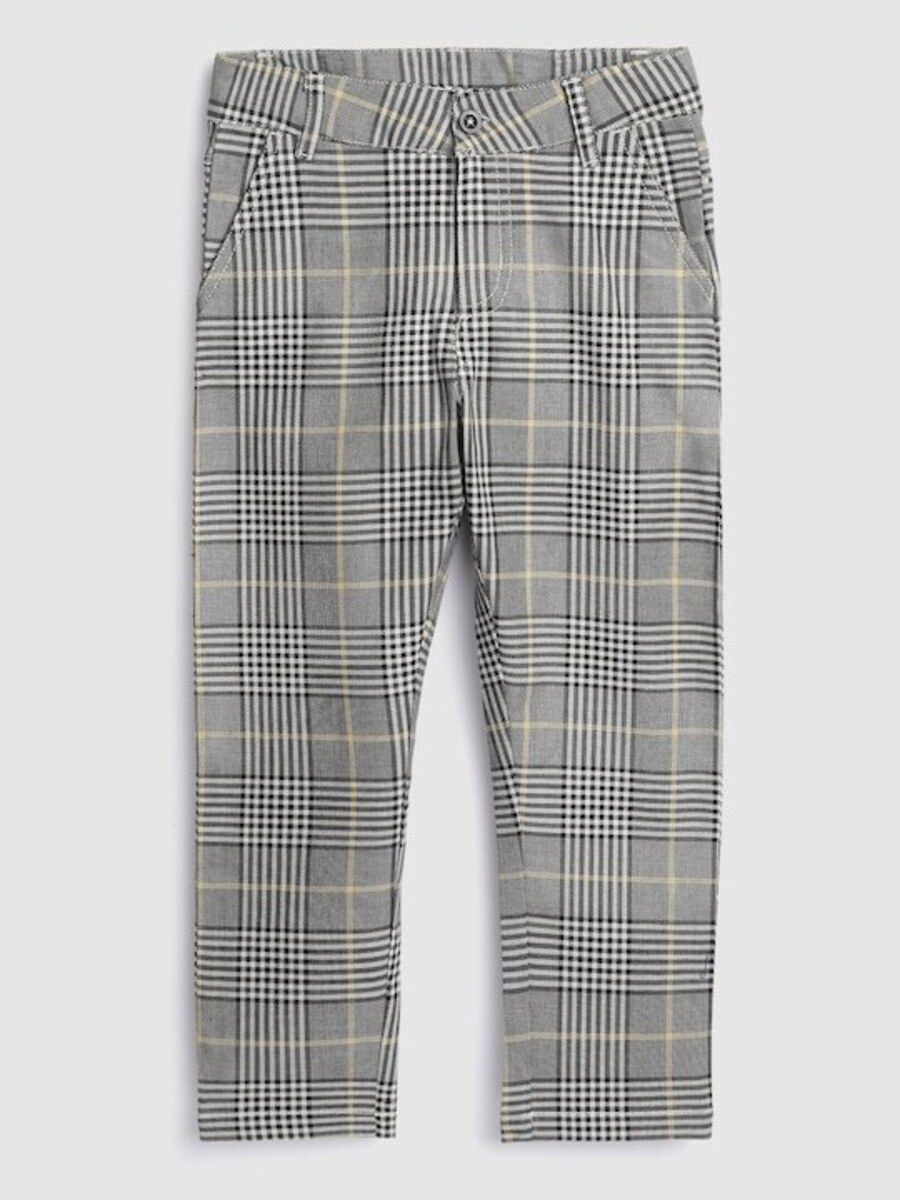 Boys Beige & White Pure Cotton Checked Mid-Rise Trouser