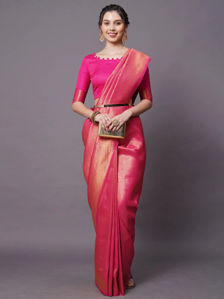 Pink Woven Design Silk Blend Saree with unstitched blouse