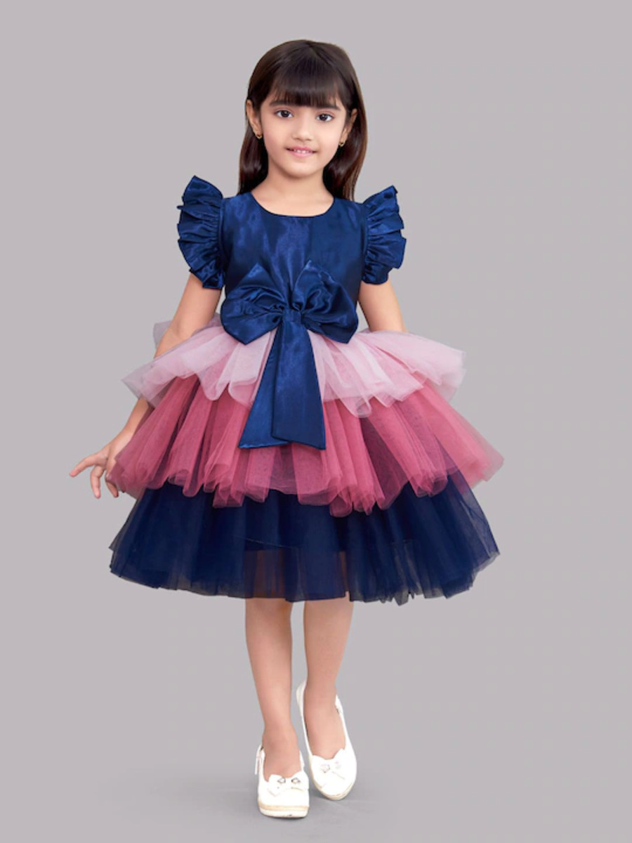 Navy Blue Colour blocked Layered Satin Dress